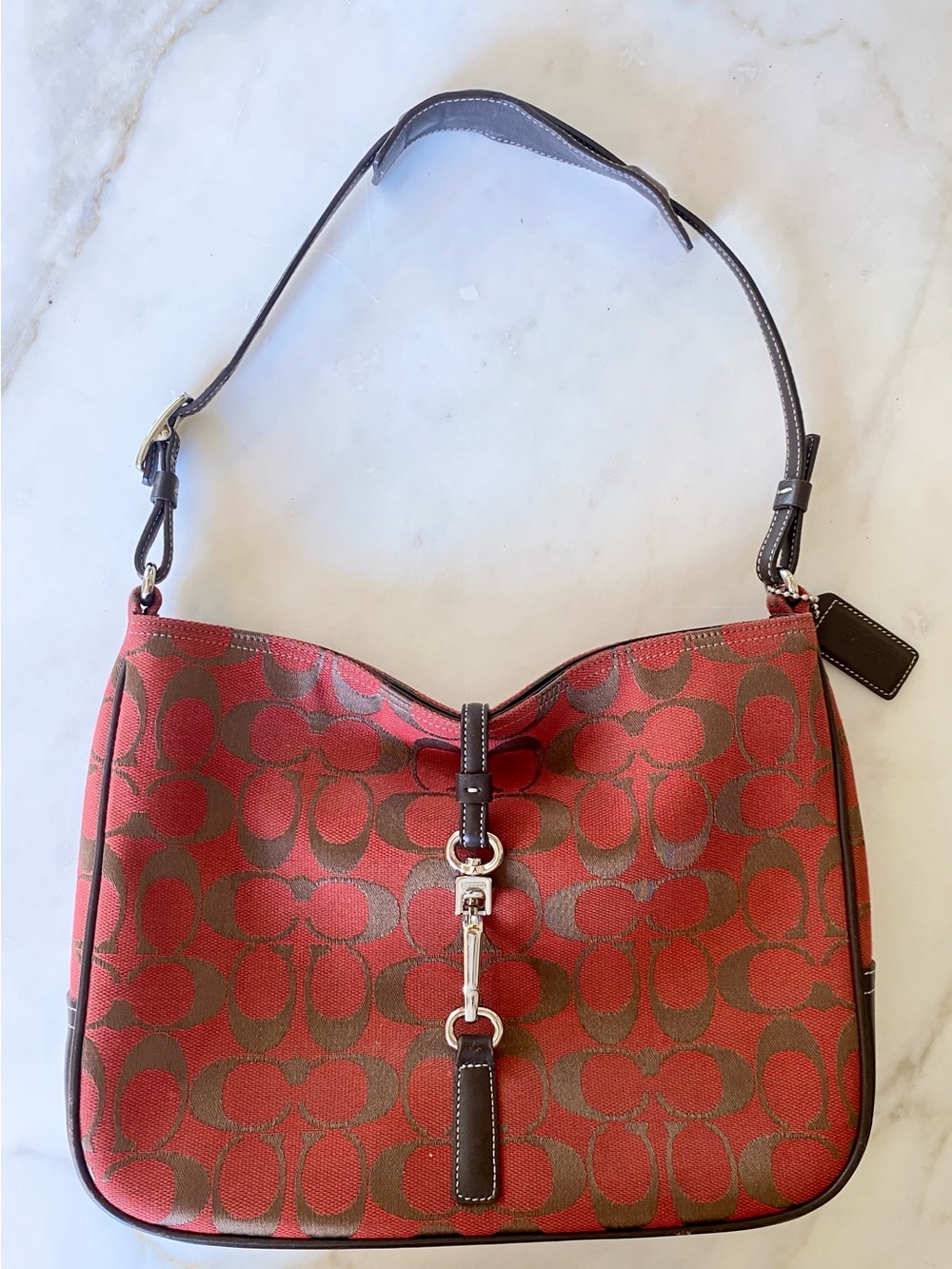 Vintage COACH Hampton Hobo Clip Signature Jacquard Shoulder Bag Red 6091